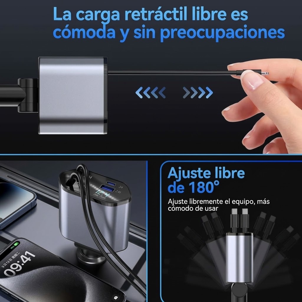 Cargador de coche retráctil 4 en 1 Carga Rápida 3